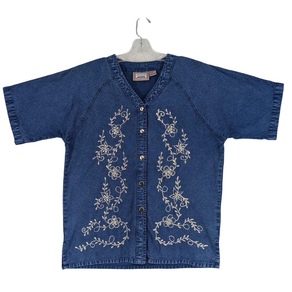 Vintage Blue Denim Embroidered Beaded Button‎ Front Shirt Cotton Sm Grandma Core
